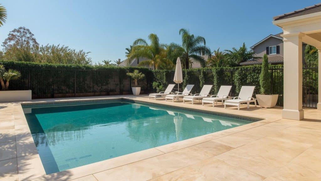 bring resort vibes home with travertine pool deck