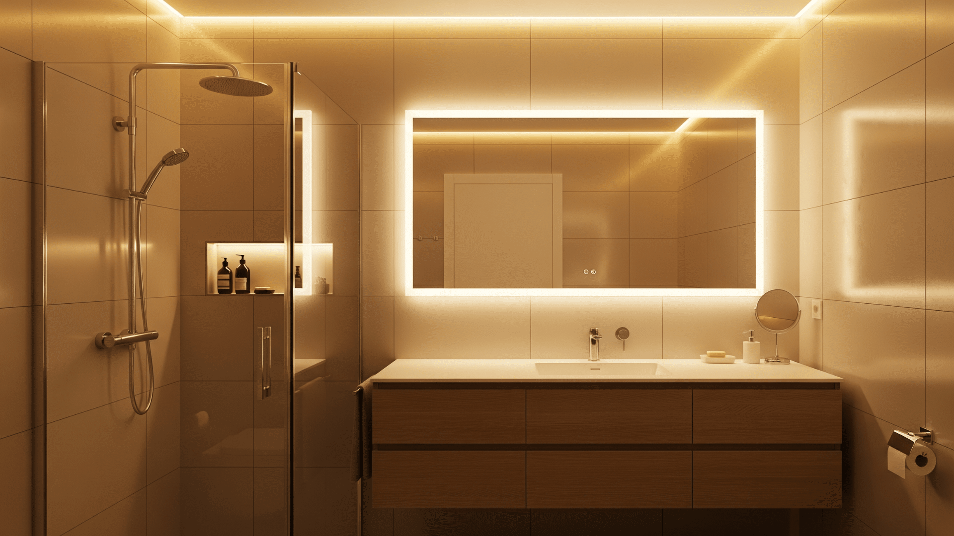warm lighting with mirrors