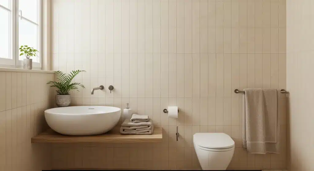 A minimalist bathroom with a round sink on a wooden shelf, a modern toilet, and beige porcelain shower walls