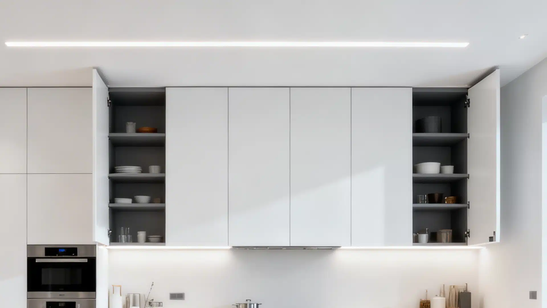 A minimalist white kitchen featuring frameless cabinets, open shelving displaying dishes, and integrated LED strip lighting