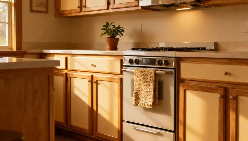A warmly lit kitchen with light wood Face frame cabinet, a stainless steel stove with a towel, and a small potted plant on the countertop