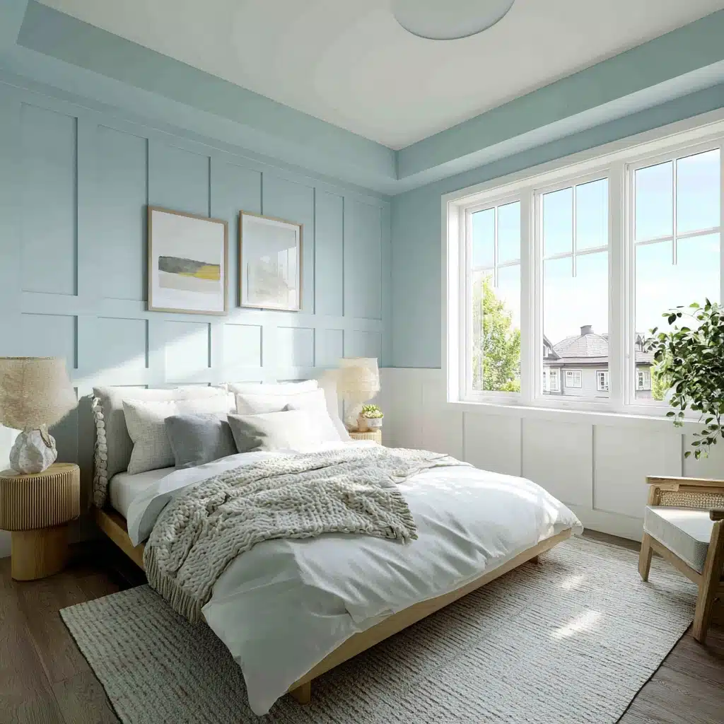 Bright airy bedroom with light blue paneled walls white bedding knit throw textured rug and large windows with sunlight
