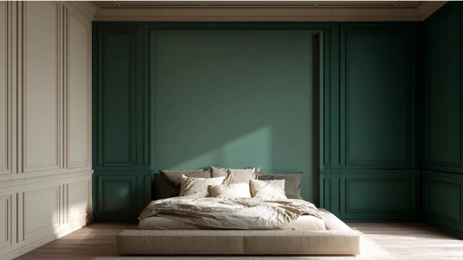 Forest green paneled wall in a bedroom with cream side panels low platform bed tan bedding wood nightstand and light rug