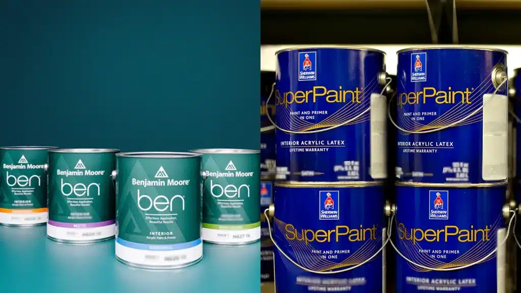 Image showing several cans of Benjamin Moore ben interior paint on the left against a teal background, and stacked cans of Sherwin-Williams SuperPaint on the right