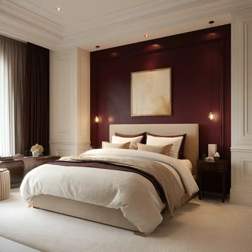 Luxurious bedroom with burgundy feature wall cream upholstered bed gold pendant lights white rug and dark wood furniture