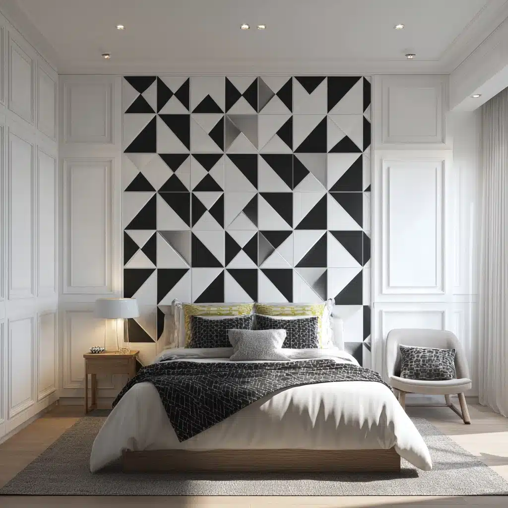 Modern bedroom with a black and white geometric wall bed with patterned pillows white armchair and light wood flooring