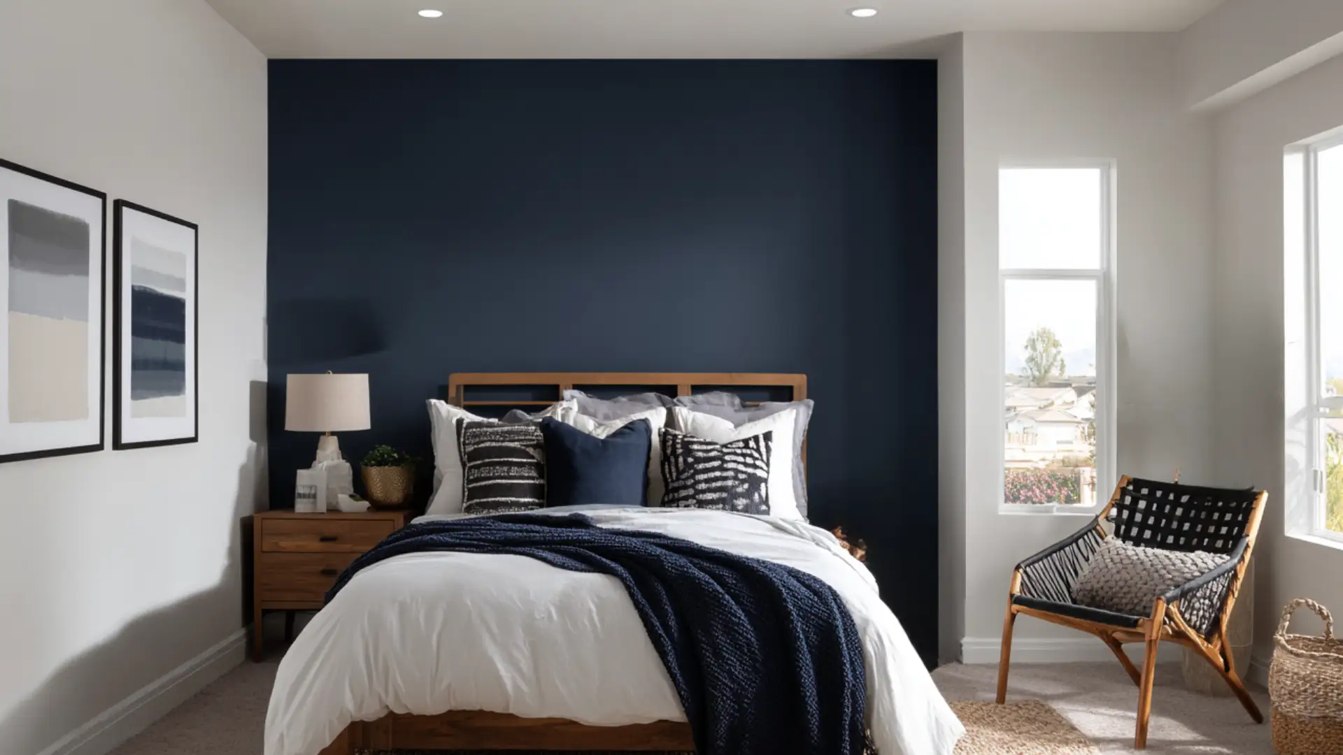 Modern bedroom with a navy accent wall white bedding wood nightstand potted plant and a wicker chair in natural sunlight