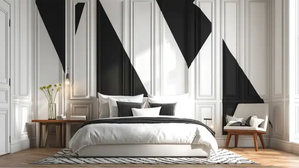 Modern bedroom with black and white geometric wall panels white bed dark pillows wood side table and a small accent chair