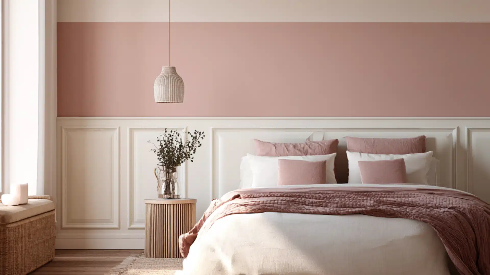 Modern bedroom with dusty pink and cream walls wood bed frame mauve bedding globe pendant lights and a large floor plant
