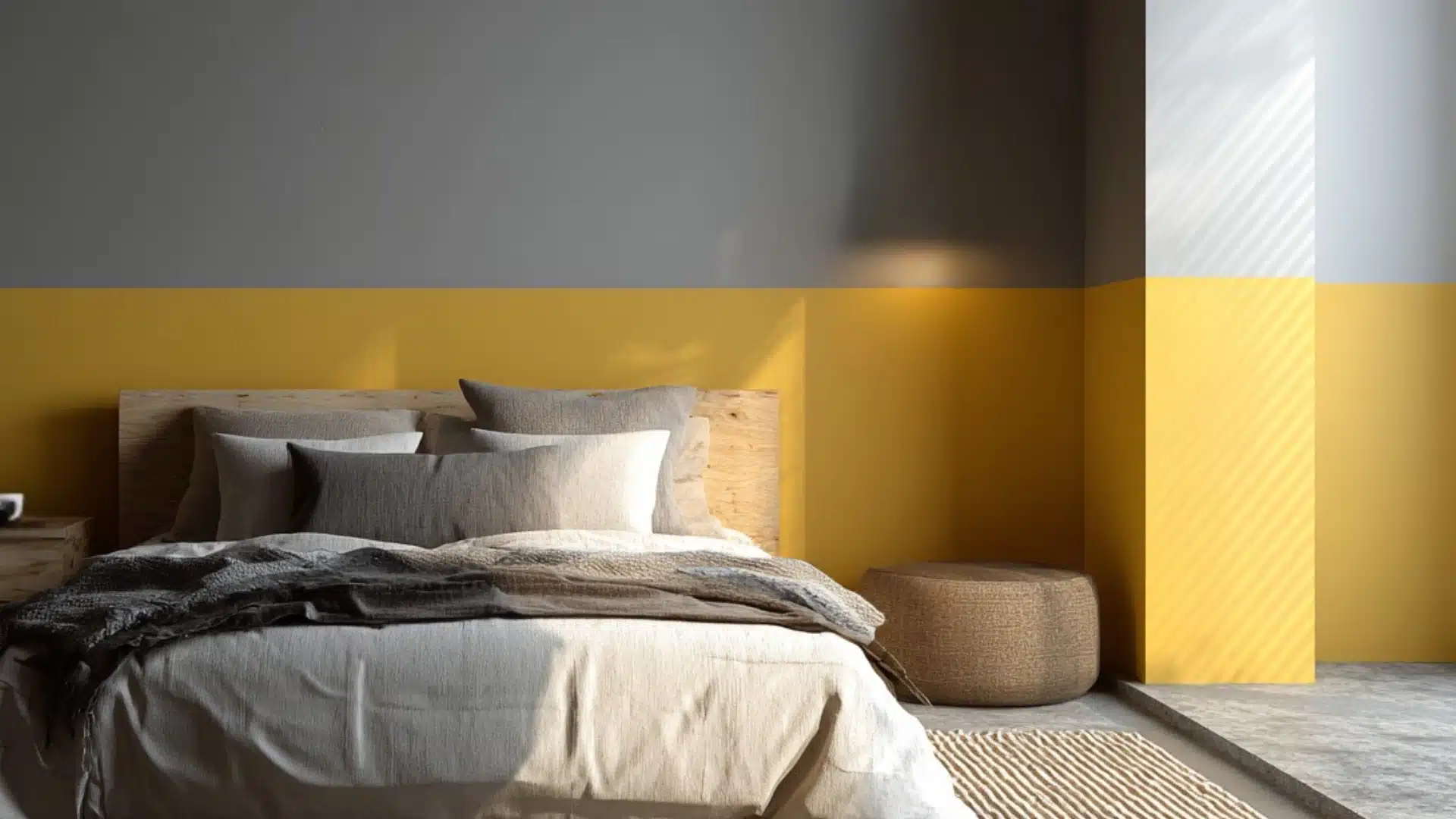 Modern bedroom with gray and yellow walls wooden headboard neutral bedding a round pouf small nightstand and yellow buds