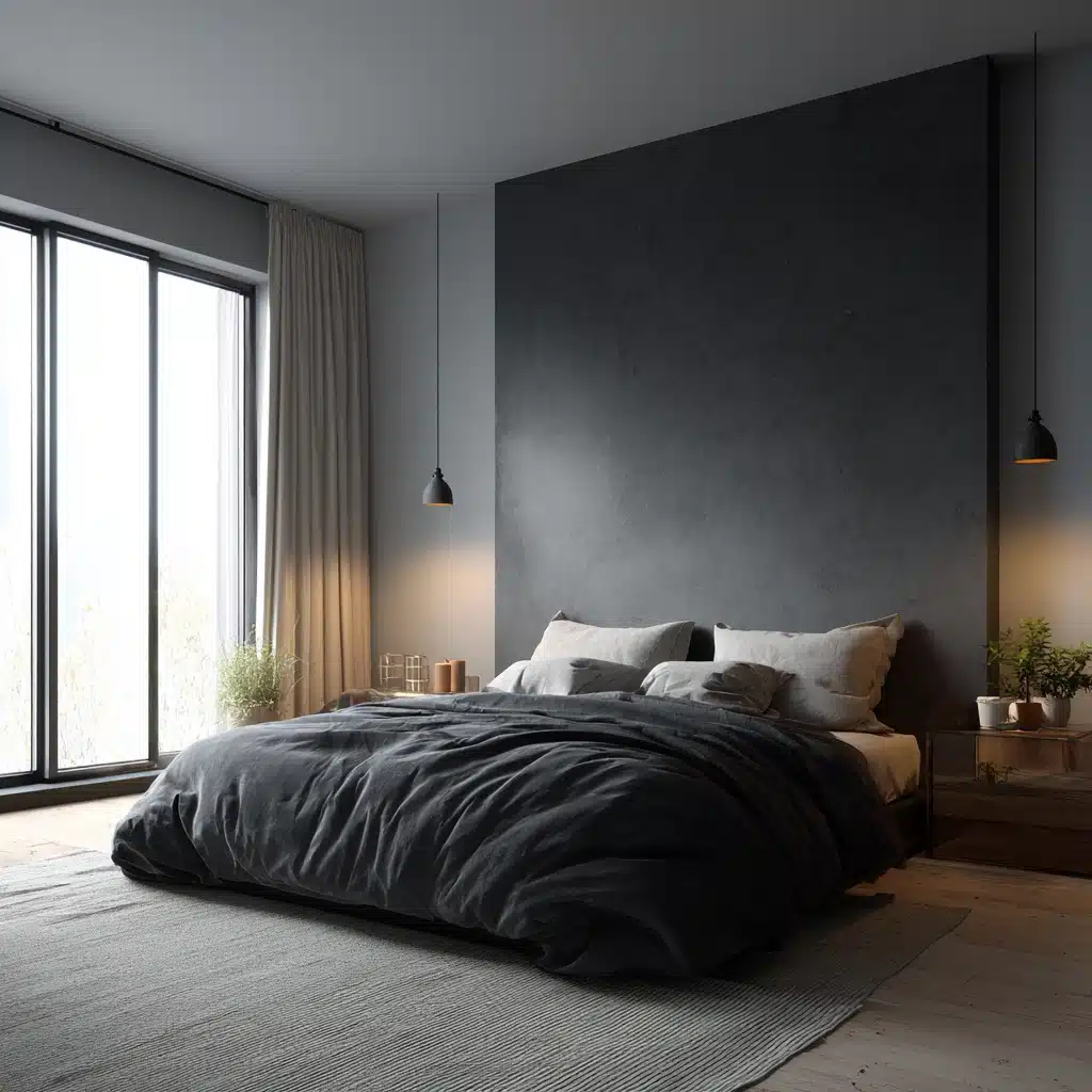 Modern dark bedroom with charcoal wall black bedding gray rug hanging pendant lights large windows and wooden flooring