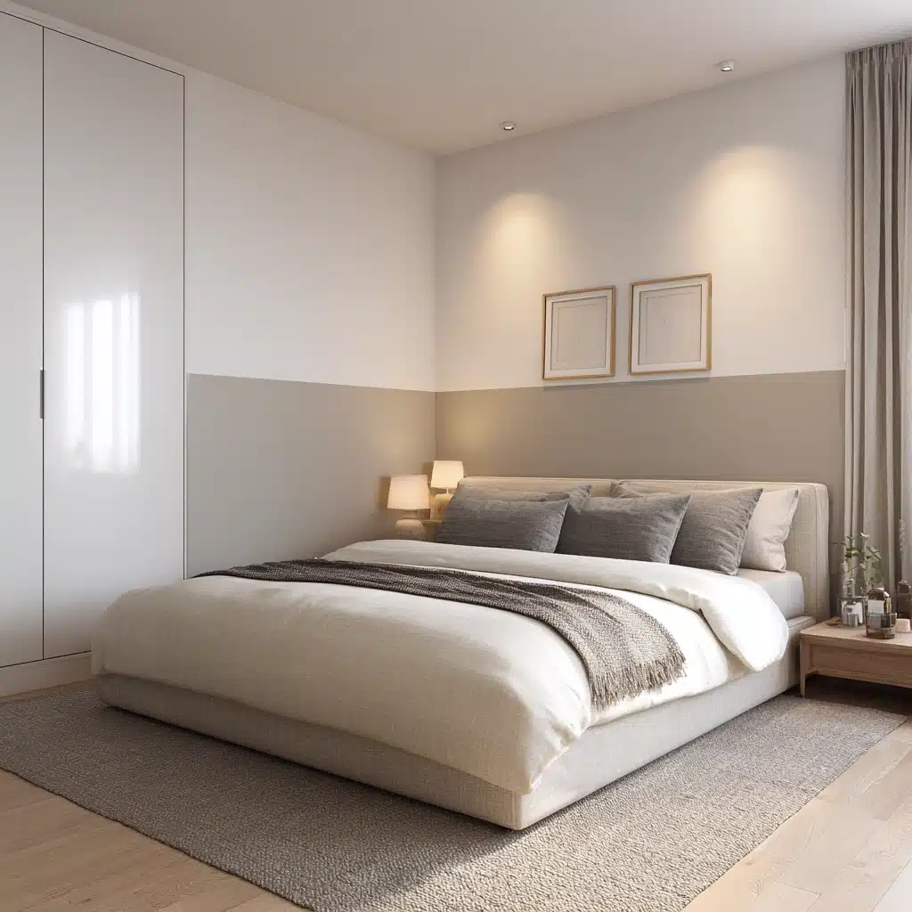 Neutral bedroom with taupe lower half and off white upper walls simple furniture soft lighting realistic interior