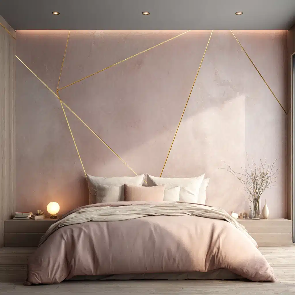 Pink bedroom with a blush geometric wall gold trim dusty rose bedding globe lamp wooden floor and a vase of dry branches