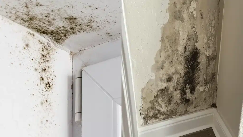 Split image showing severe black and dark gray mold growth on a white interior wall and ceiling corner on the left, and widespread dampness and peeling paint with heavy mode