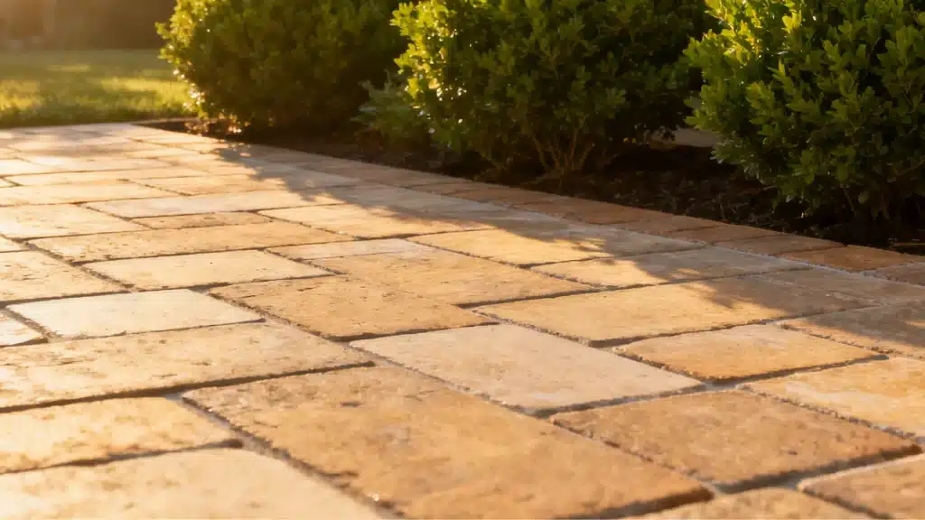 Warm, sunlit pathway made of rectangular, tan pavers alongside a border of manicured green shrubs