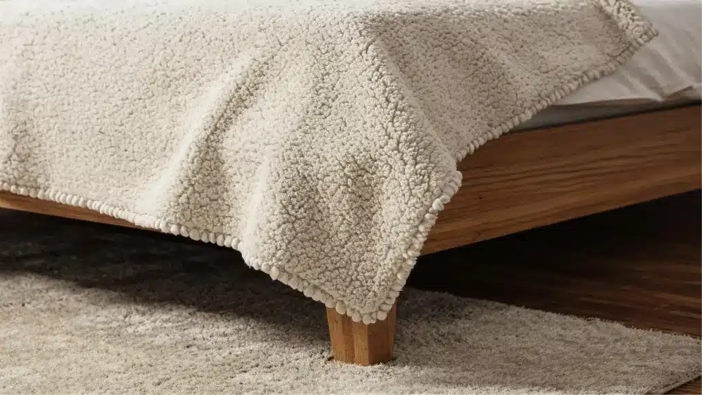 A close-up view of a cream colored textured rug under a wooden bed with a off white blanket