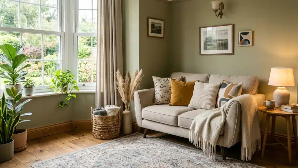 A cozy living room features sage green walls, a beige loveseat with textured pillows, and light streaming through large white-paned windows