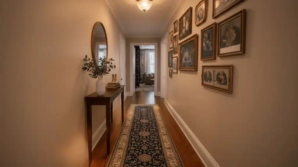 A hallway featuring a decorative runner rug and framed pictures adorning the walls, creating a warm and inviting atmosphere.