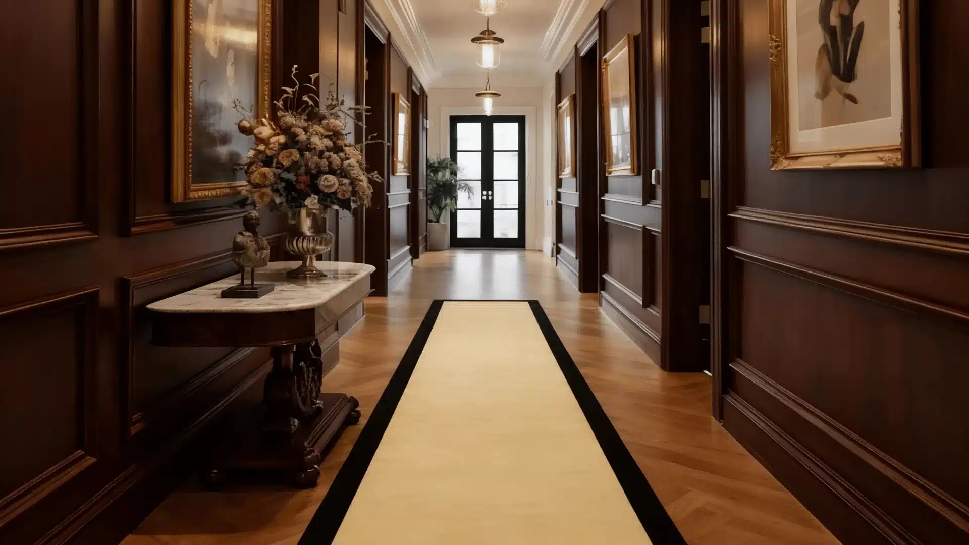 A hallway featuring elegant wood paneling and a sleek black rug on the floor.