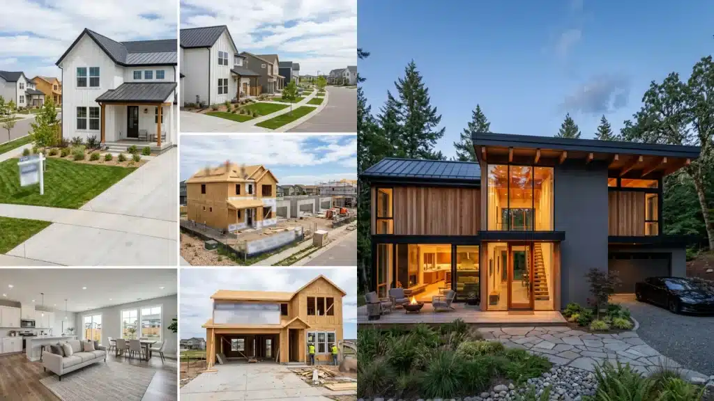 A image showcasing spec home vs custom home, one side from framing and new construction developments to finished modern and suburban homes, including an interior view