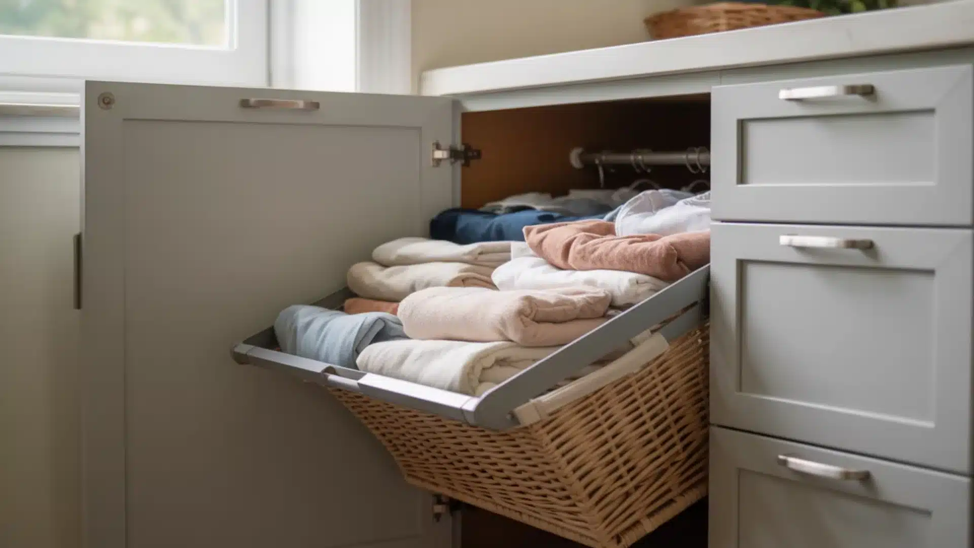 A light gray cabinet door opens to reveal a pull out wicker laundry basket filled with folded neutral colored clothing