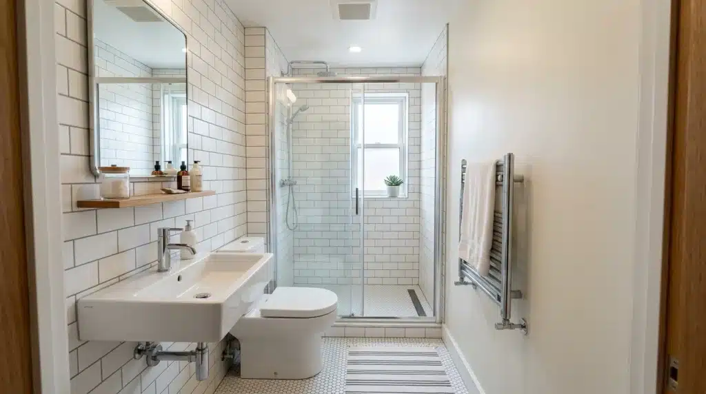 A modern, narrow small bathroom layout featuring white tile, a wall-mounted sink, a glass shower enclosure, and a heated towel rack