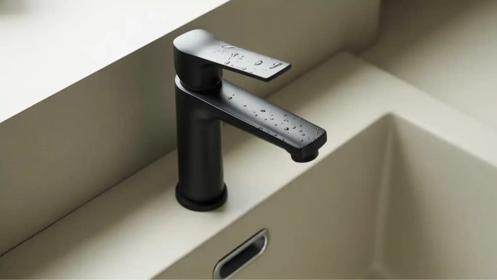 A sleek matte black faucet with water droplets sits on a tan stone counter above a matching sink in a minimalist kitchen