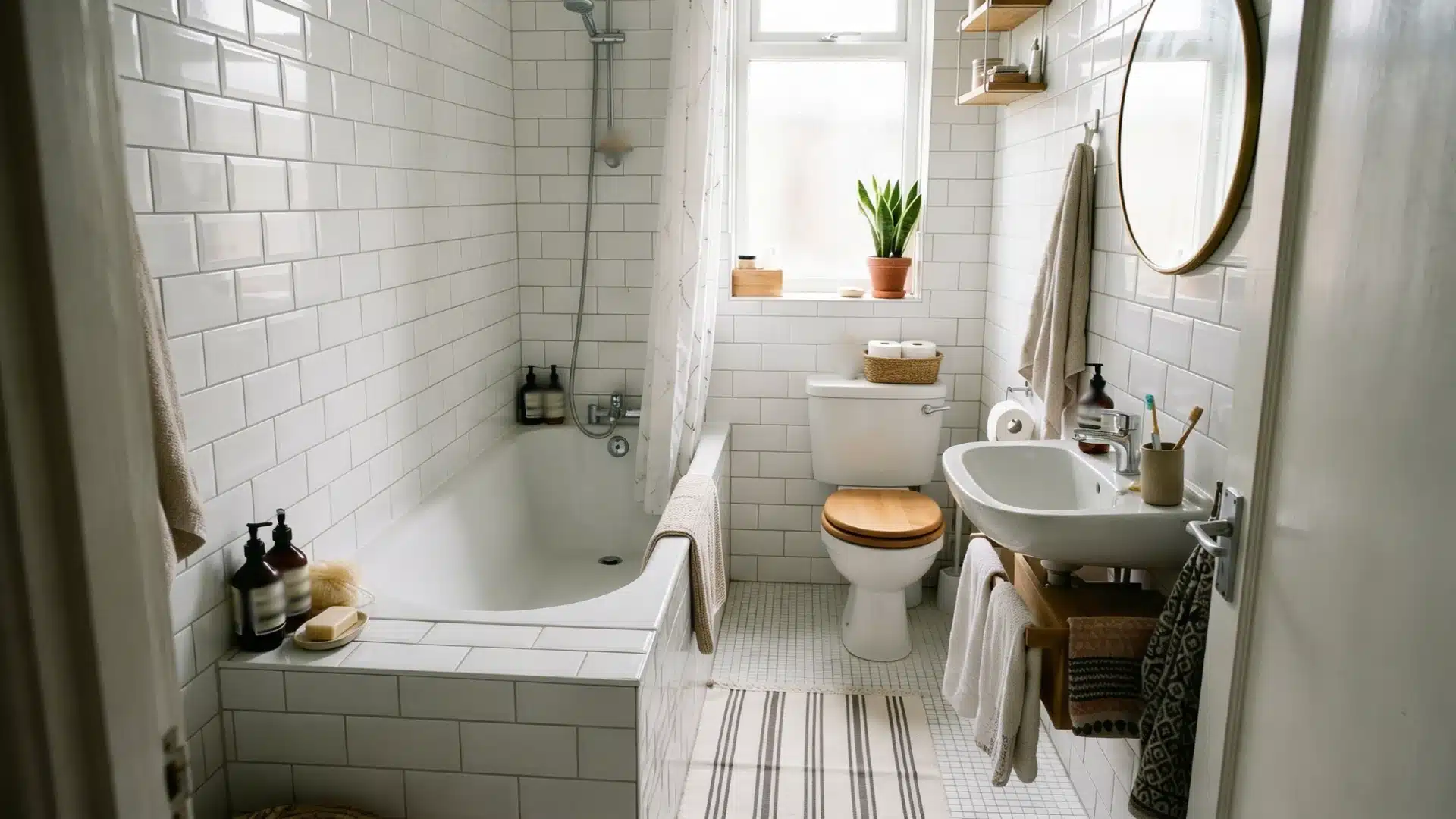 A small, bright bathroom featuring white tile walls, a bathtub, a toilet with a seat, and a wall-mounted sink with a circular mirror above it