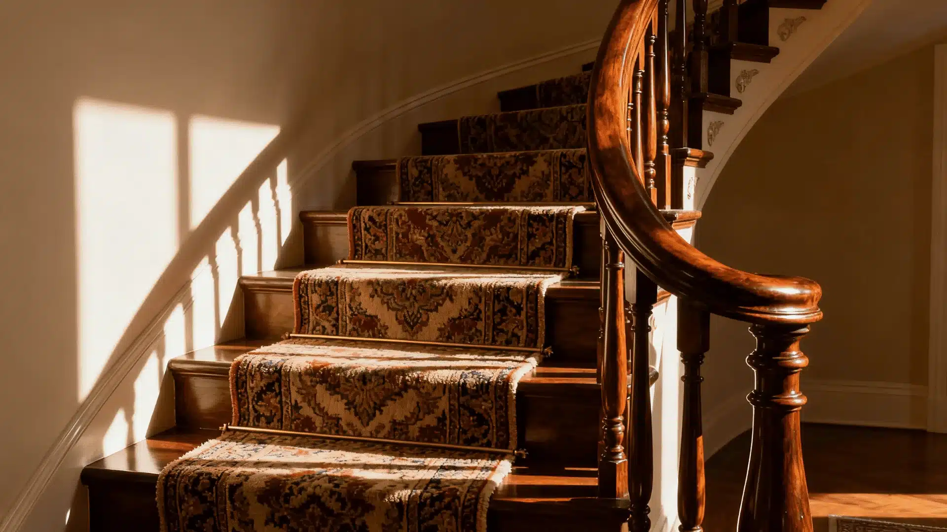 A staircase adorned with a soft carpet runner, providing a warm and inviting atmosphere.