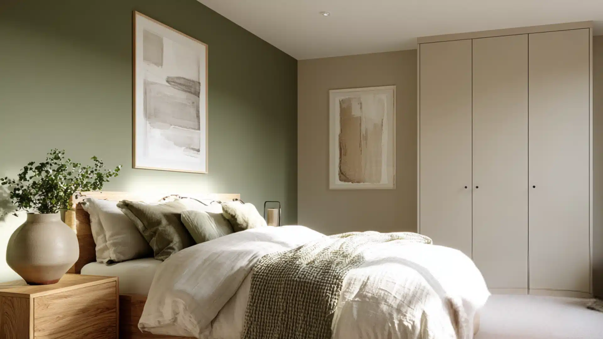 bedroom with olive green wall wooden bed frame cream bedding matching wardrobes and a sunny window with house plants