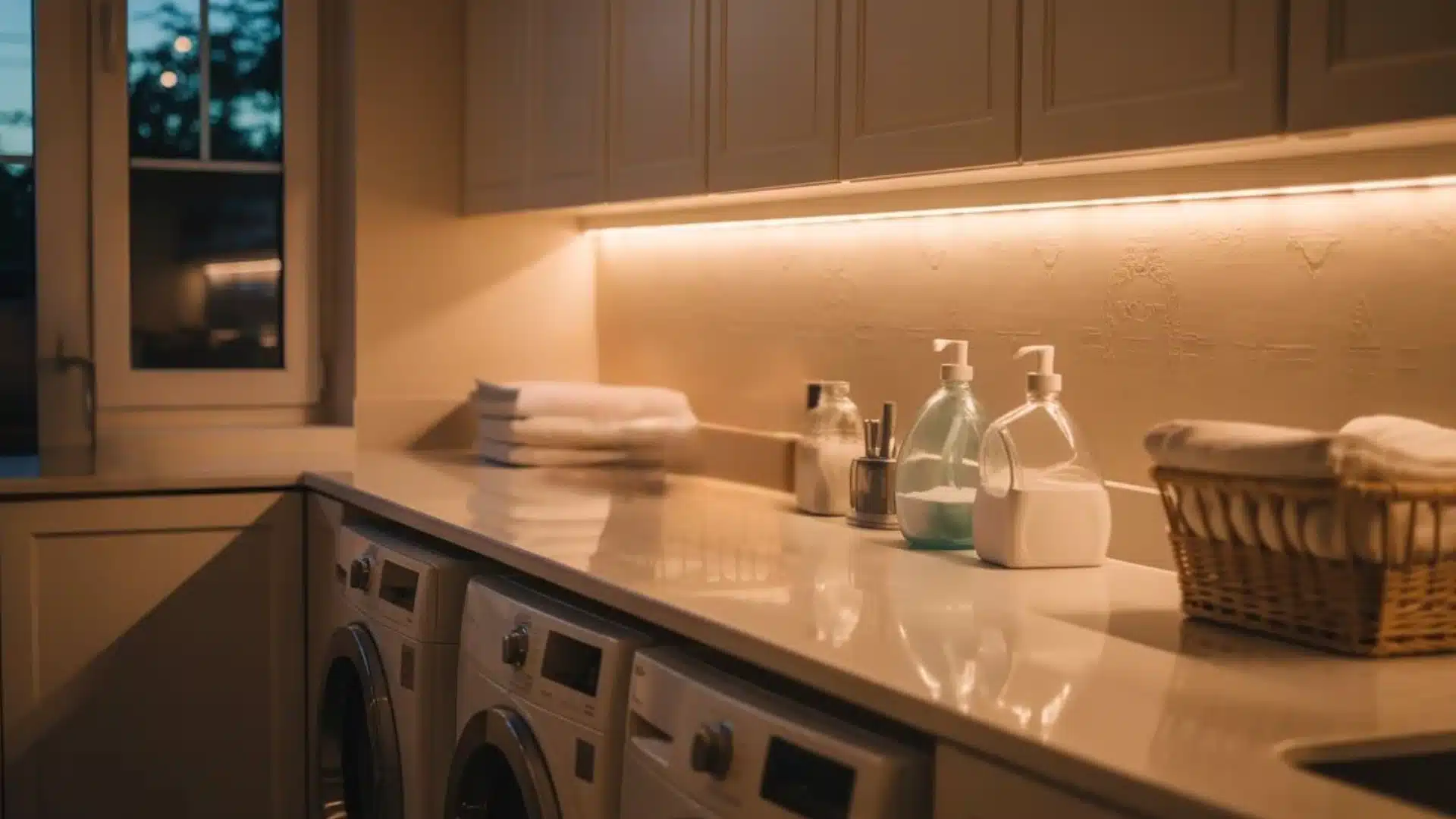 Beige cabinets frame a dark counter holding a wicker laundry basket small potted plants and soap by a bright large window (3)