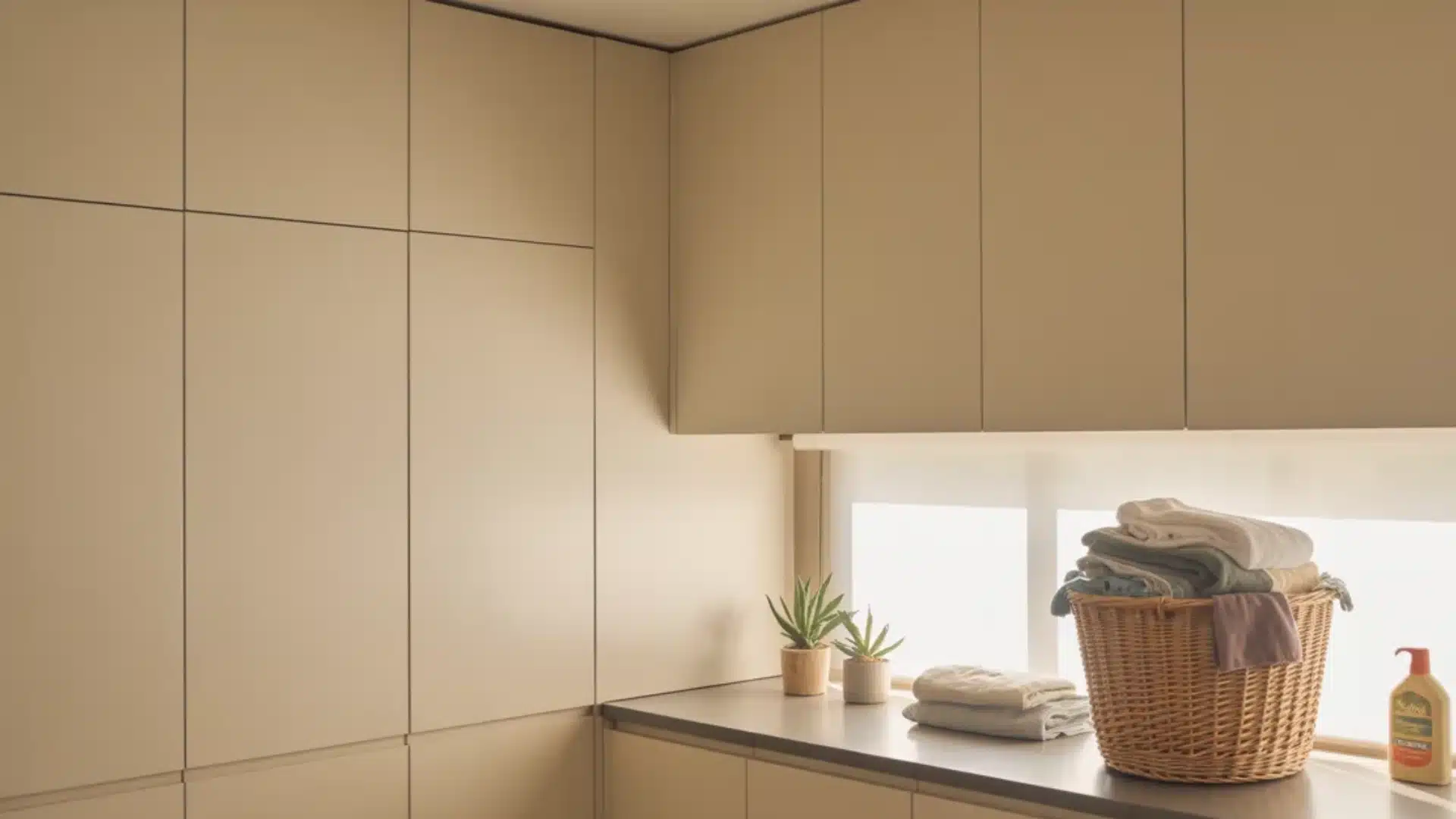 Beige cabinets frame a dark counter holding a wicker laundry basket small potted plants and soap by a bright large window