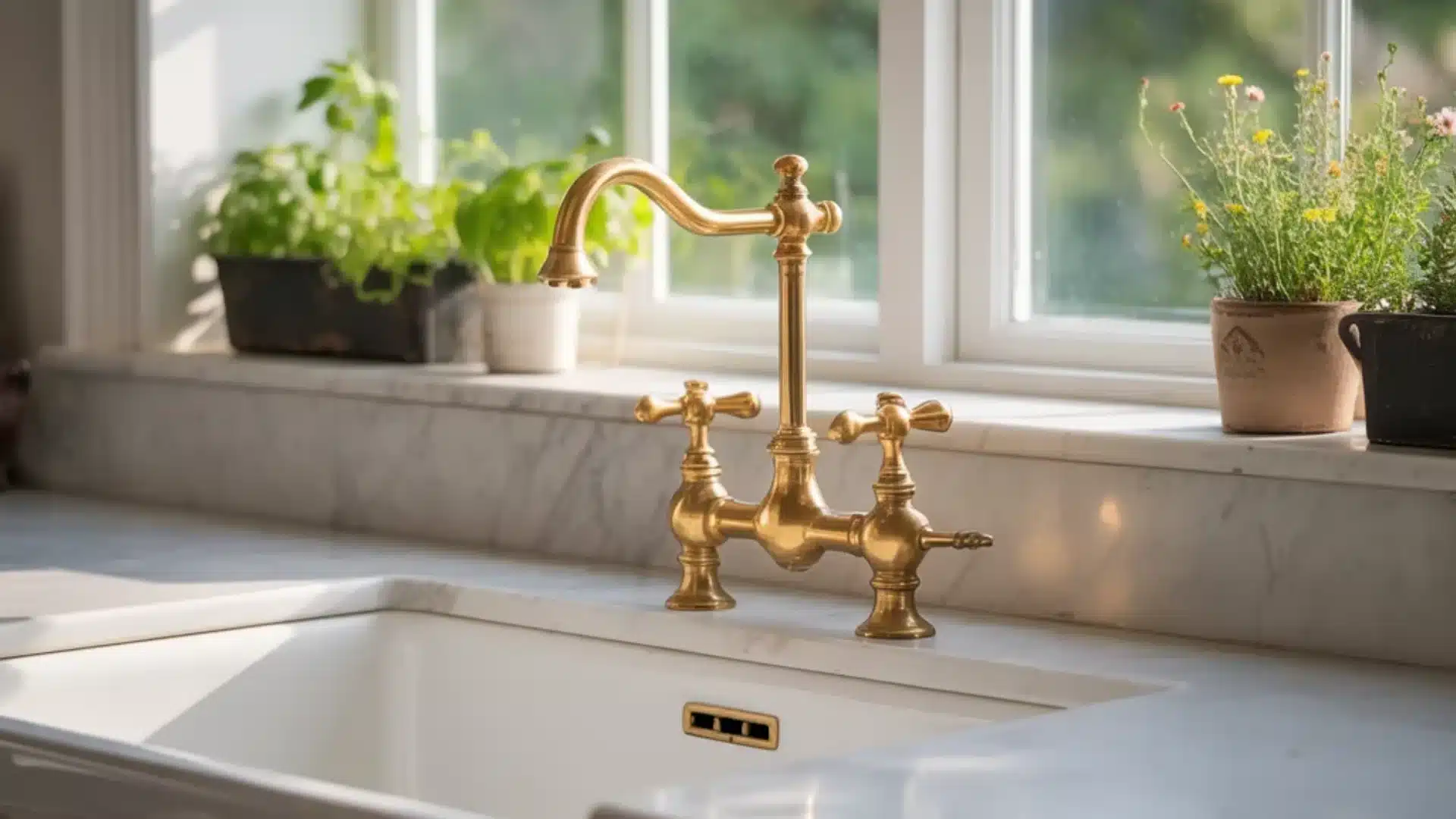 Brass faucet at a white farmhouse sink with marble counters and potted herbs on a window sill in a sunlit bright kitchen