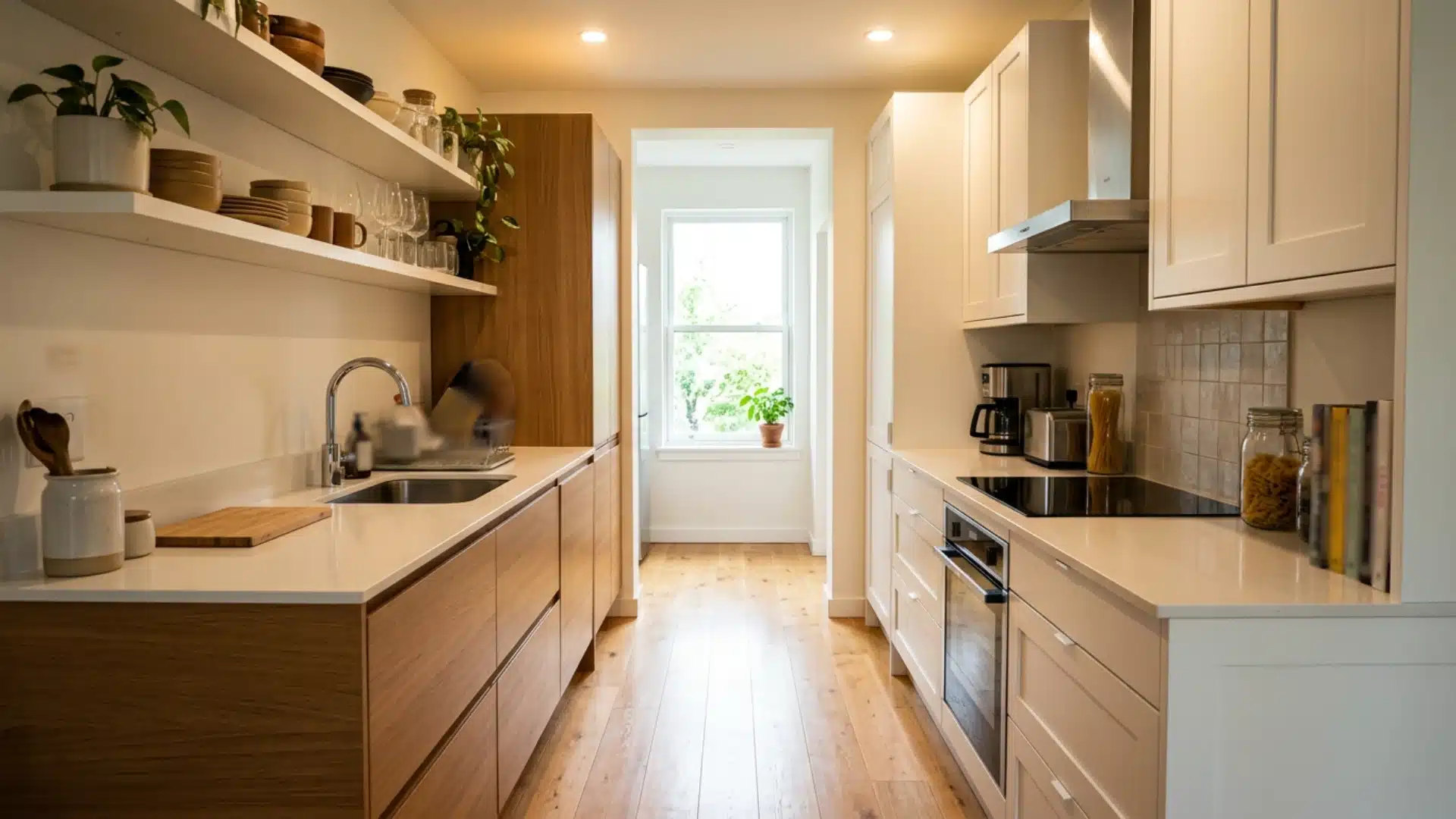 Bright galley kitchen featuring light wood lower cabinets, white upper cabinets, light countertops, and a view of a window at the end of the hall