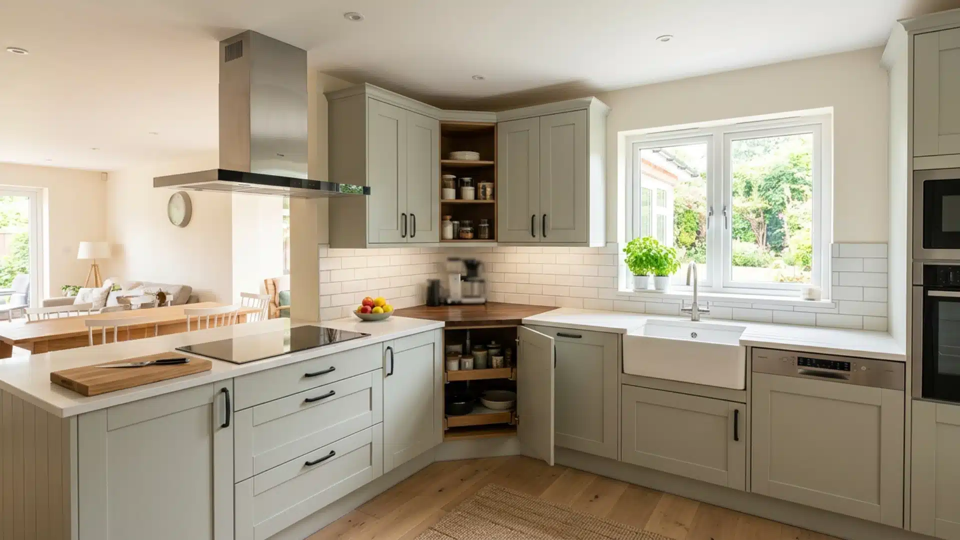 Bright, open-plan kitchen featuring light sage green shaker cabinets, white subway tile backsplash, light wood flooring, and a stainless steel range hood