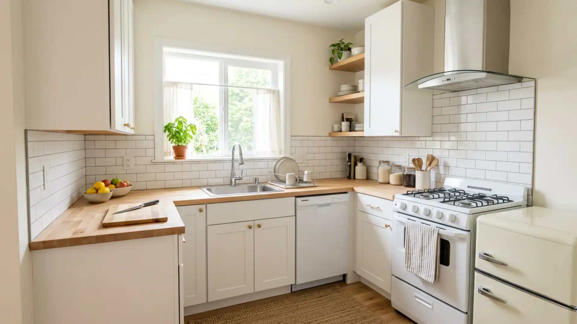 Bright white kitchen featuring light wood countertops, white subway tile backsplash, white cabinets, and a white retro-style stove and refrigerator