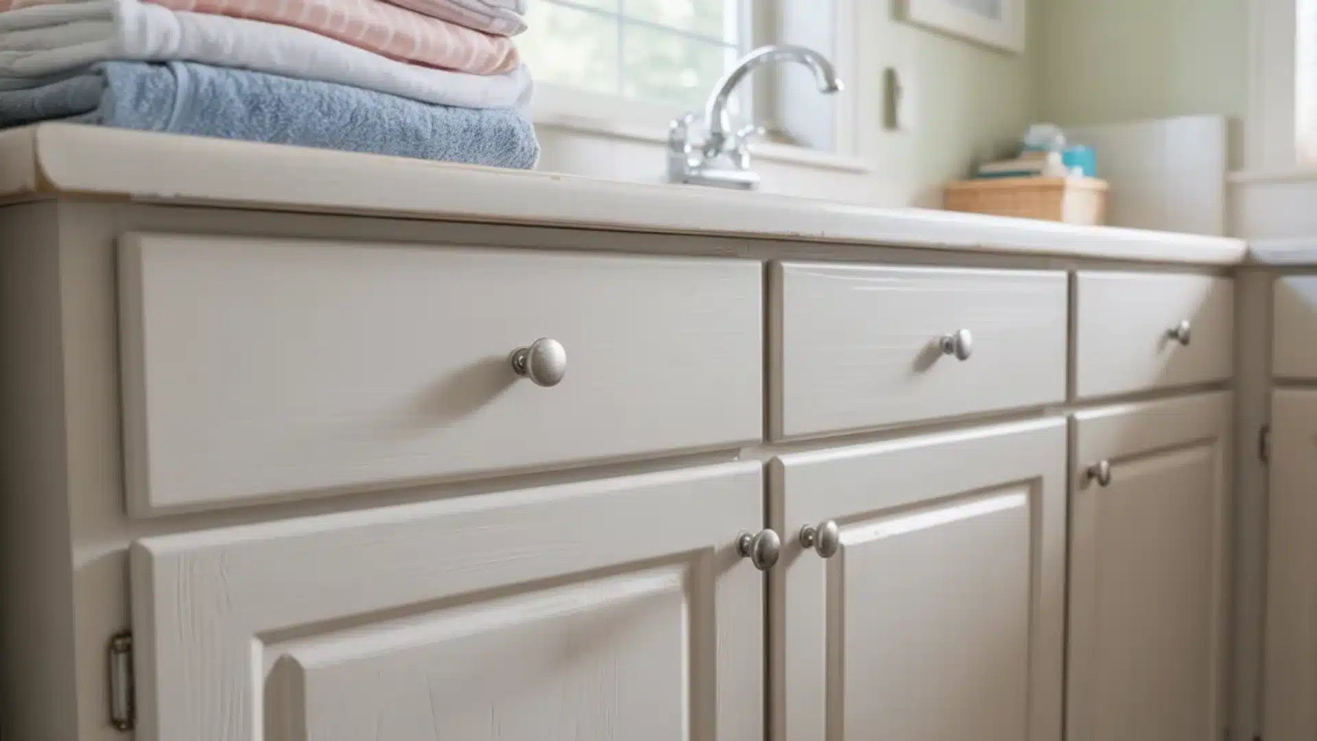 Close up of light tan laundry room cabinets with silver knobs below a counter holding a stack of clean colorful towels (1)