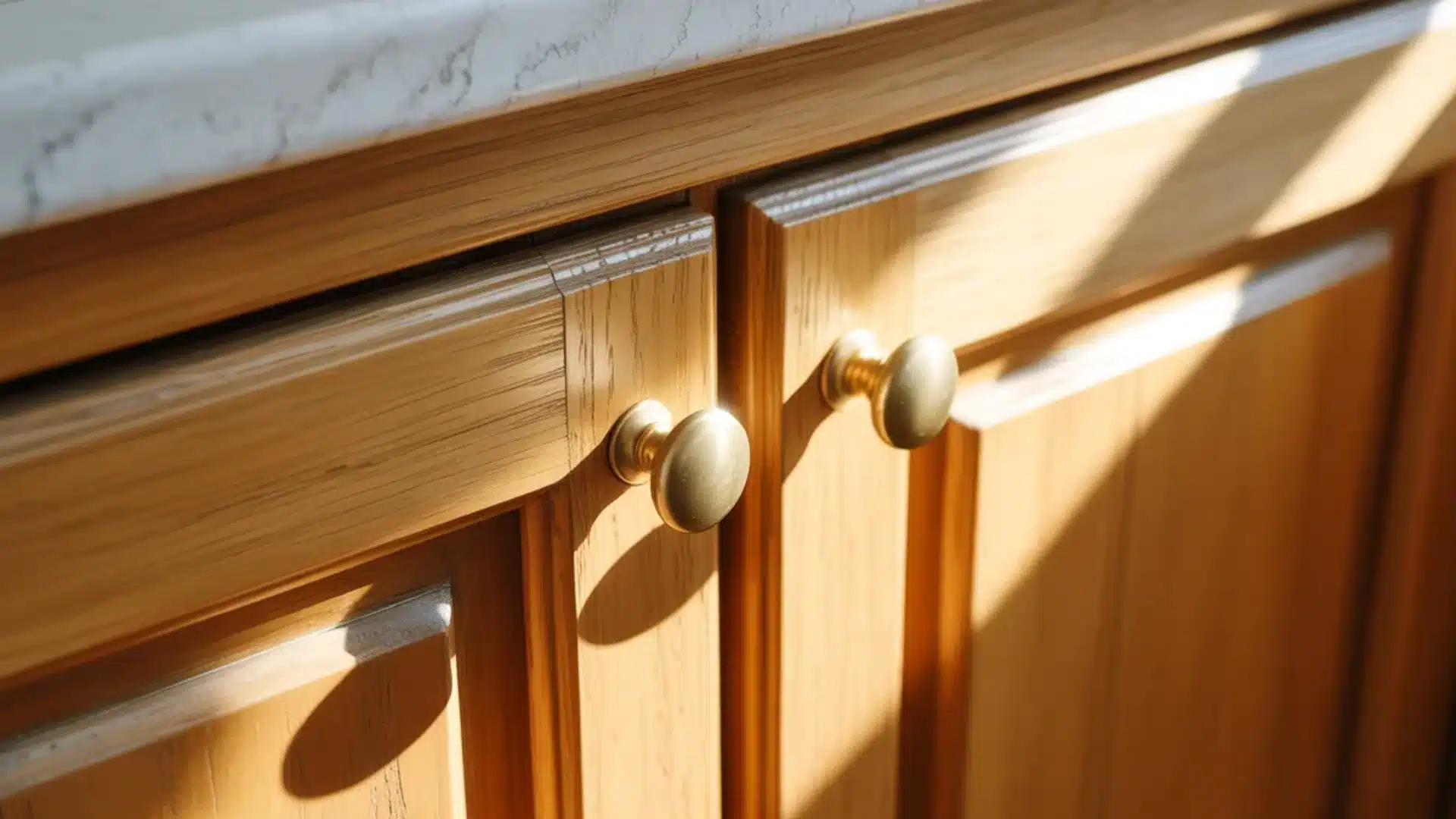 Close up of natural wood cabinets with round gold knobs under a white marble counter in a sunlit laundry room or kitchen