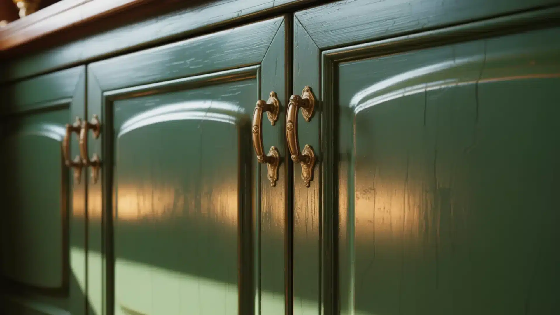Close up view of green wooden kitchen cabinets featuring ornate bronze metal handles and a glossy finish in warm light