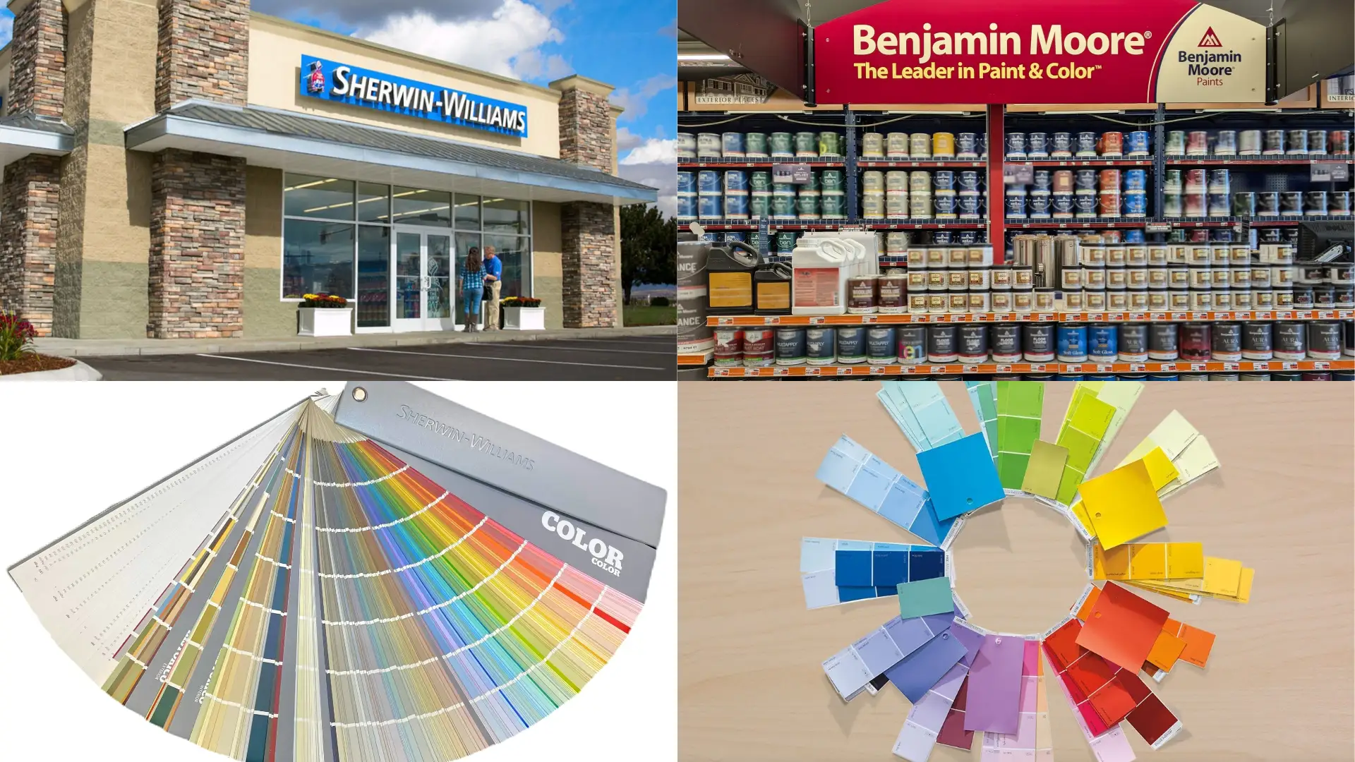 Collage depicting a Sherwin-Williams store exterior, Benjamin Moore paint cans on shelves, and two styles of paint color swatches