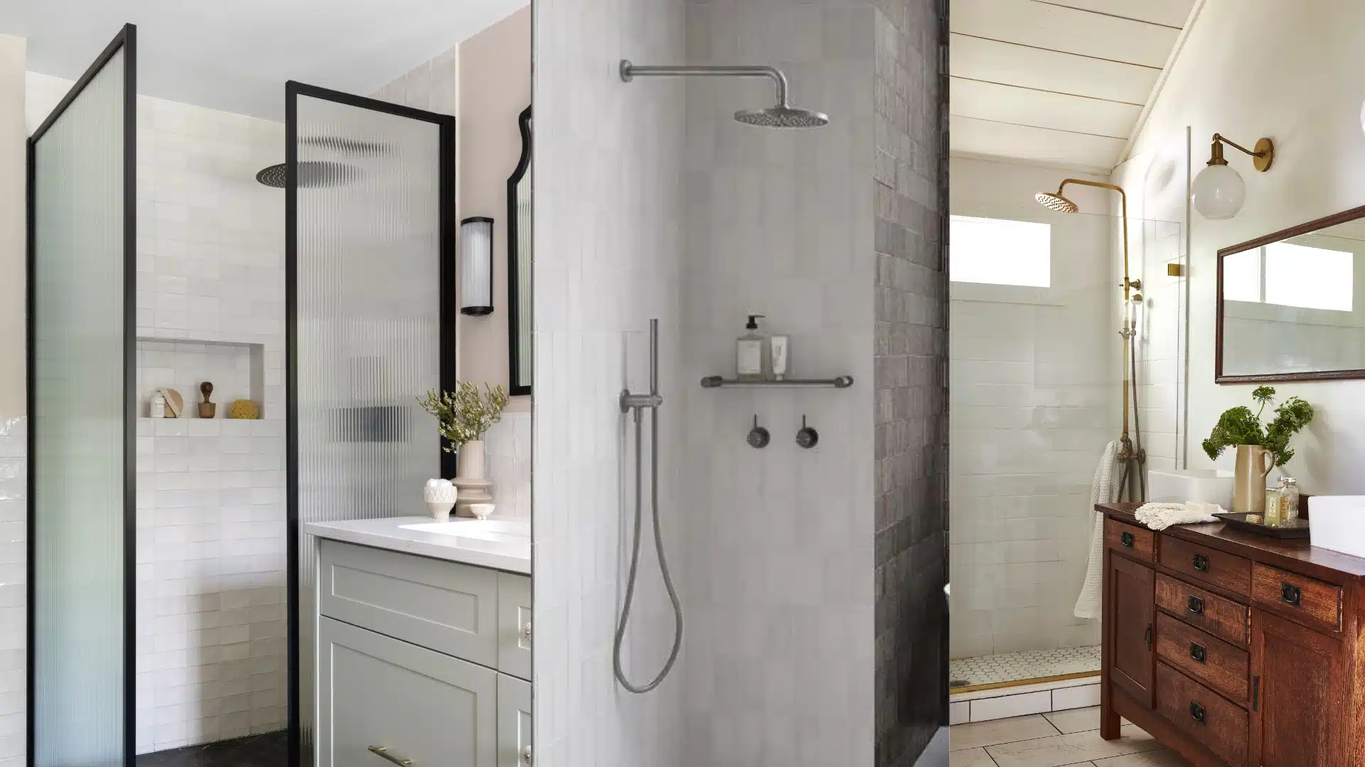 Collage of three modern bathroom designs featuring different shower enclosures, vanities, and tile textures