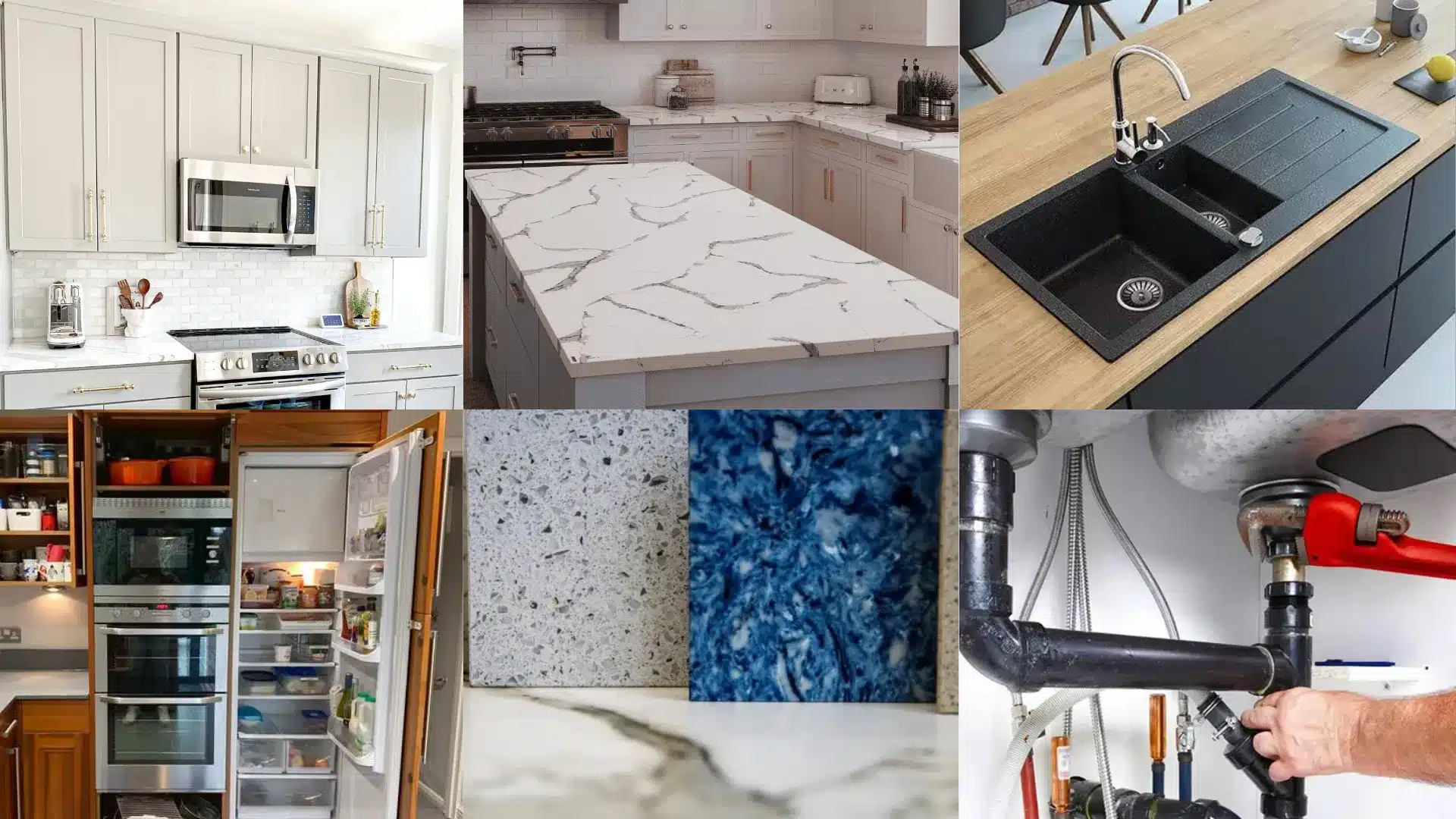 Collage showing various kitchen elements including light gray cabinets, marble countertops, a black sink, appliance storage, material samples, and sink plumbing repair