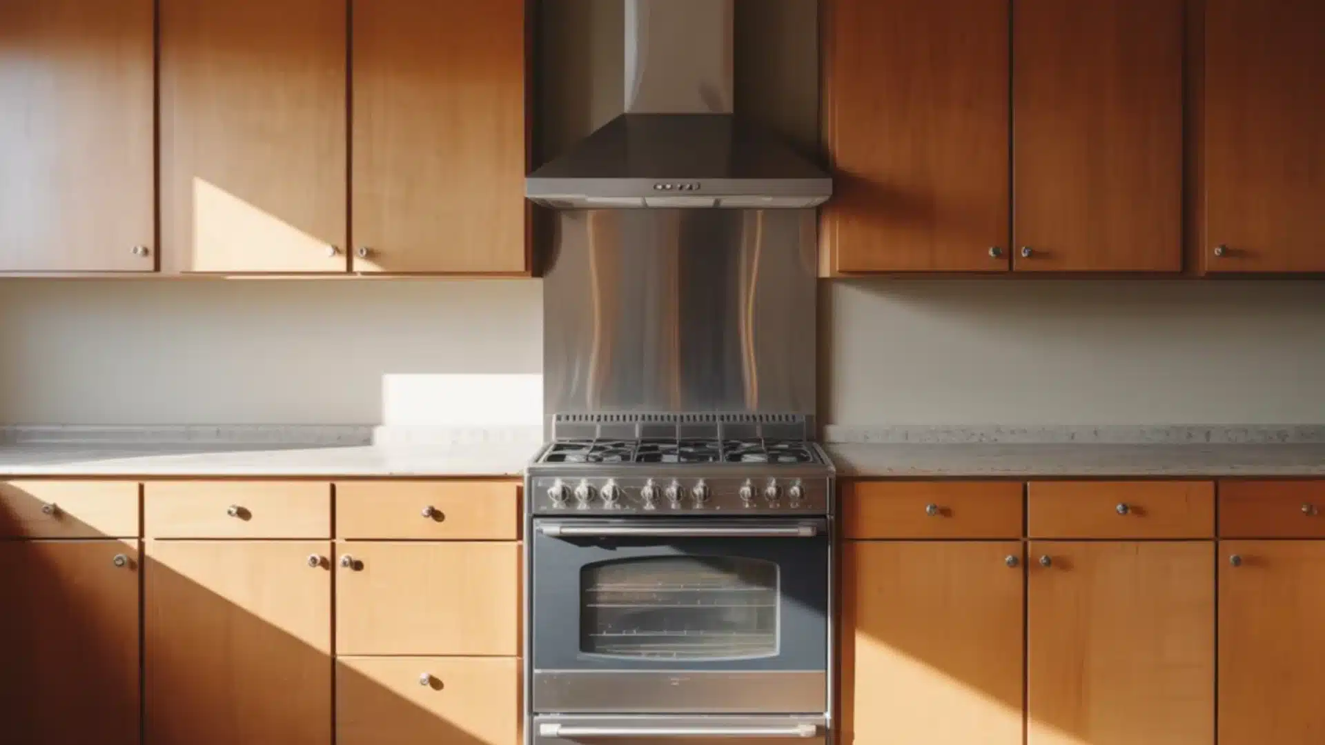 Copper pot on a gas stove against a black and white marble wall with a brass shelf holding clear glasses in a bright room (1)
