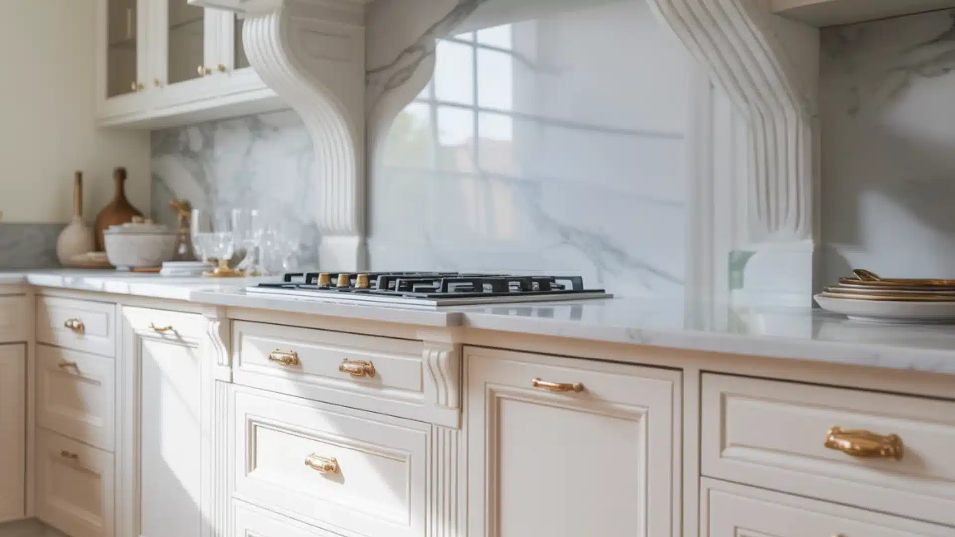_Cream kitchen cabinets with gold handles gray marble backsplash a vase of white peonies and glassware on the countertop (1)