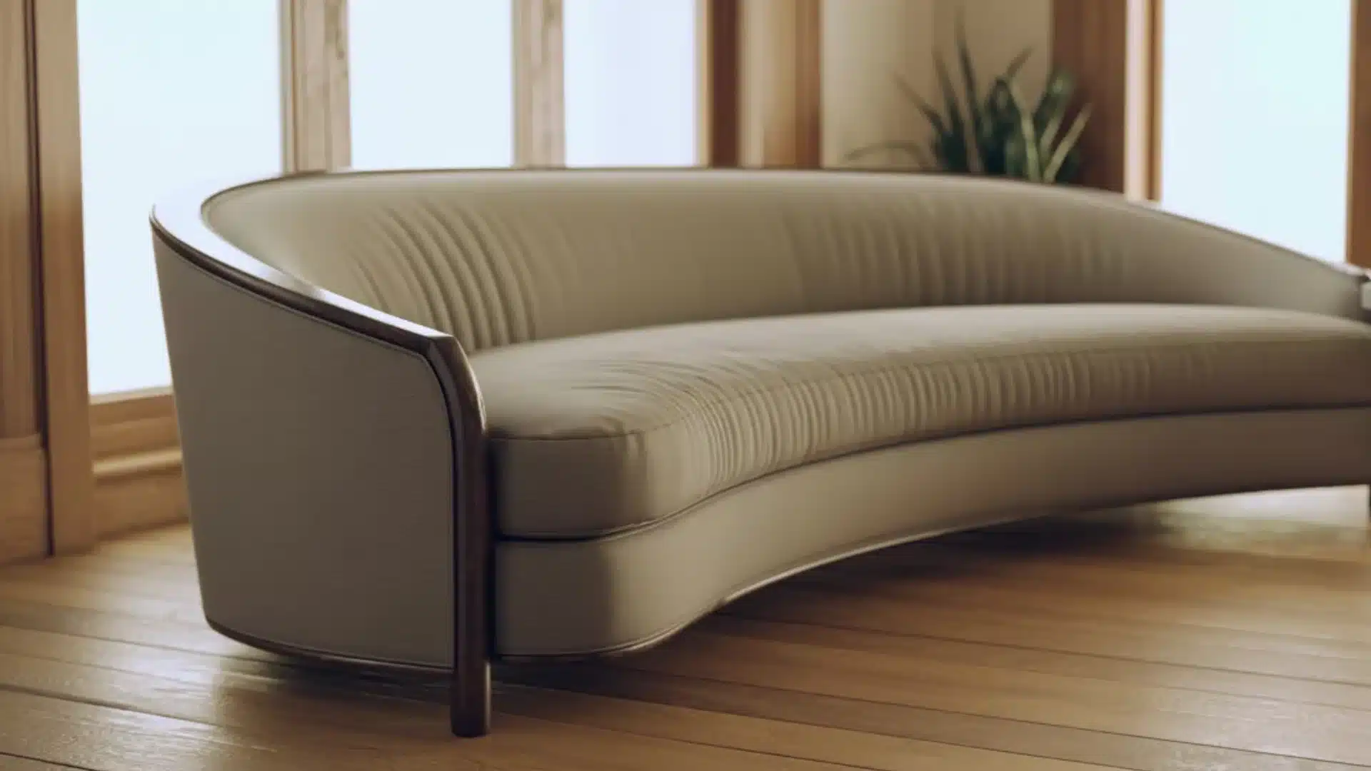 Curved light grey sofa with wood trim on a light oak floor in a room with large windows and a small side table and plant
