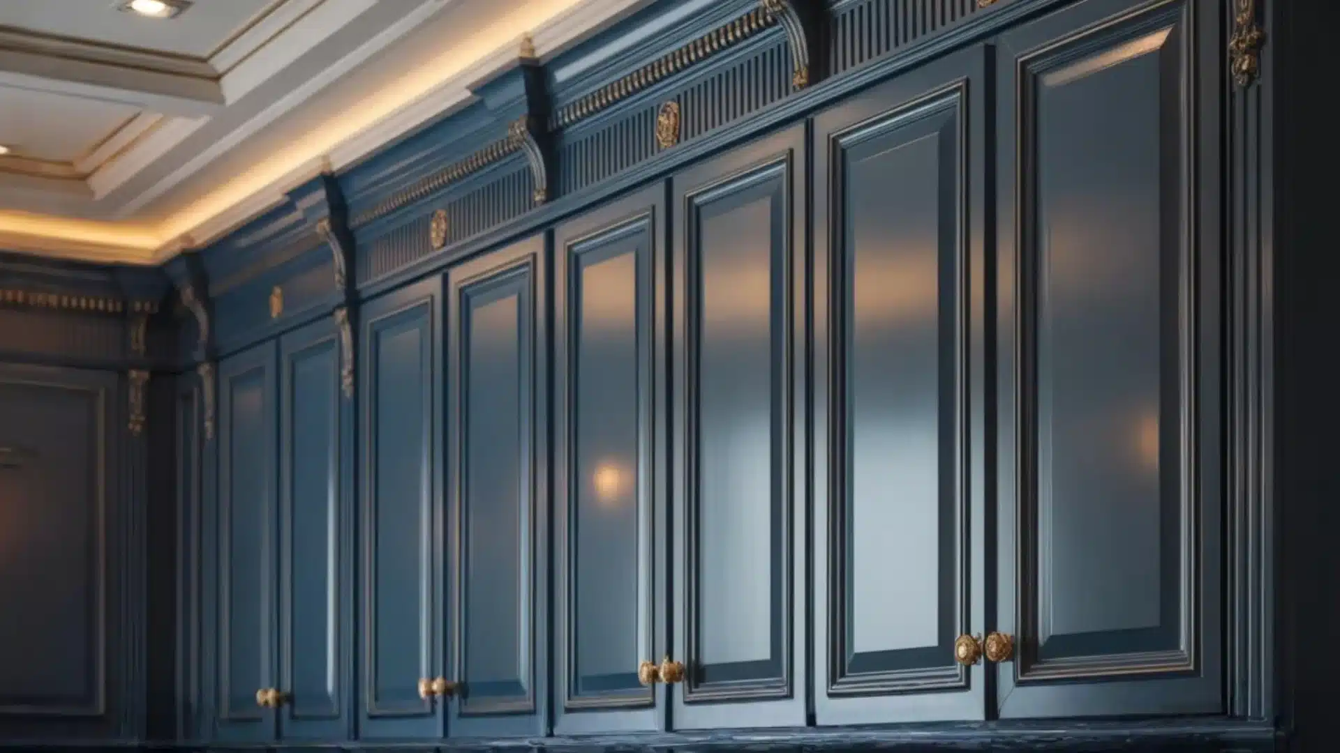 Dark blue kitchen cabinets with gold handles and ornate trim detail under soft ceiling lights