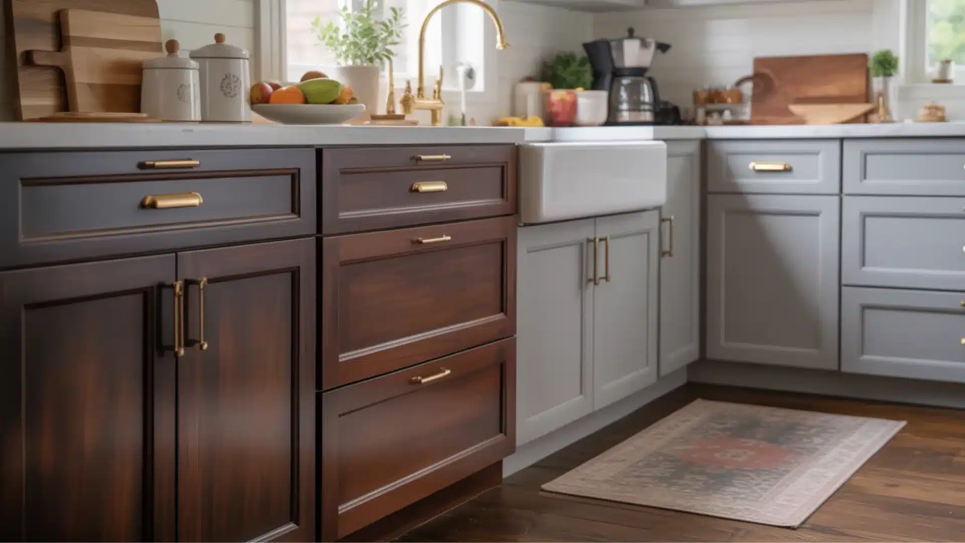 Dark wood and light grey cabinets meet at a white farmhouse sink with a gold faucet and a patterned rug on a wood floor