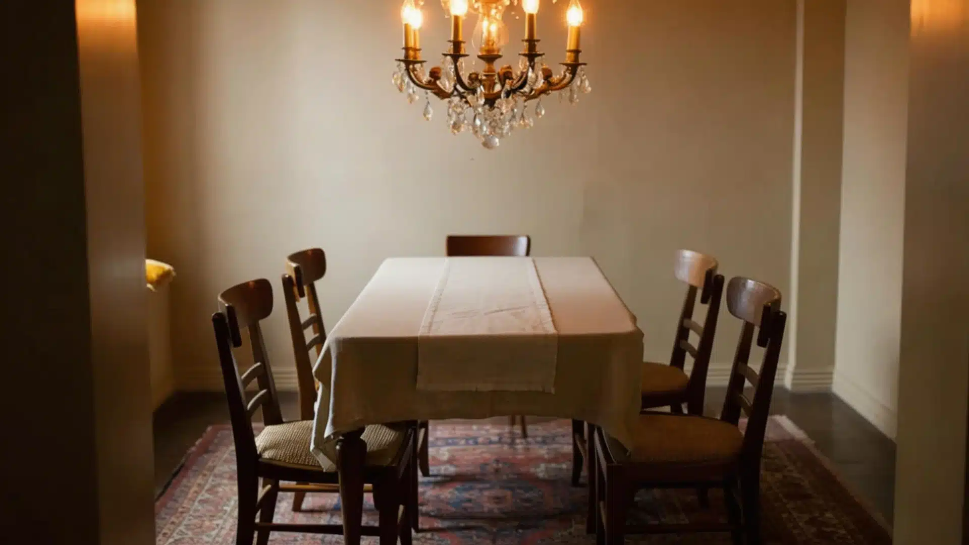 Dimly lit dining room with a crystal chandelier over a long table covered by a white runner with wooden chairs on a rug