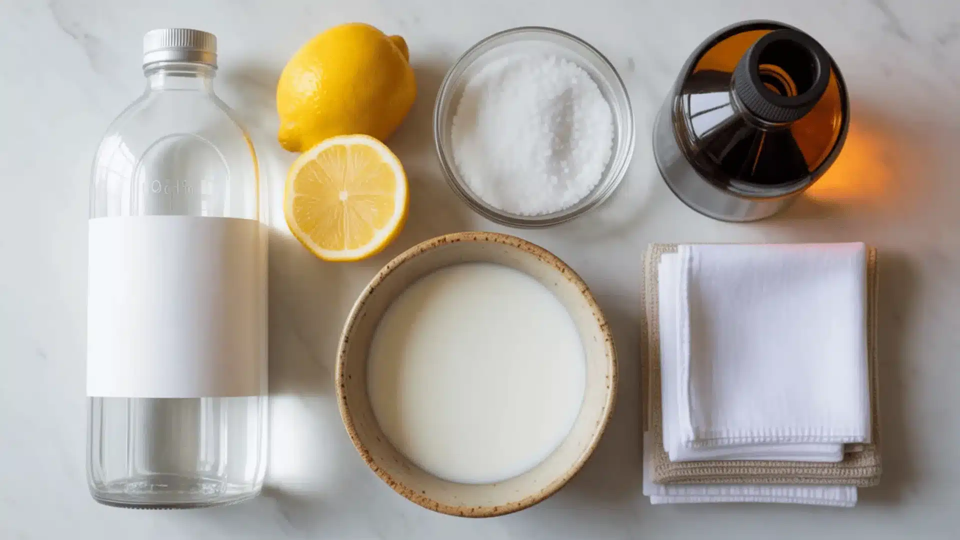 flat lay of vinegar bottle, lemon, salt, milk bowl, brown bottle and folded cloths on marble surface