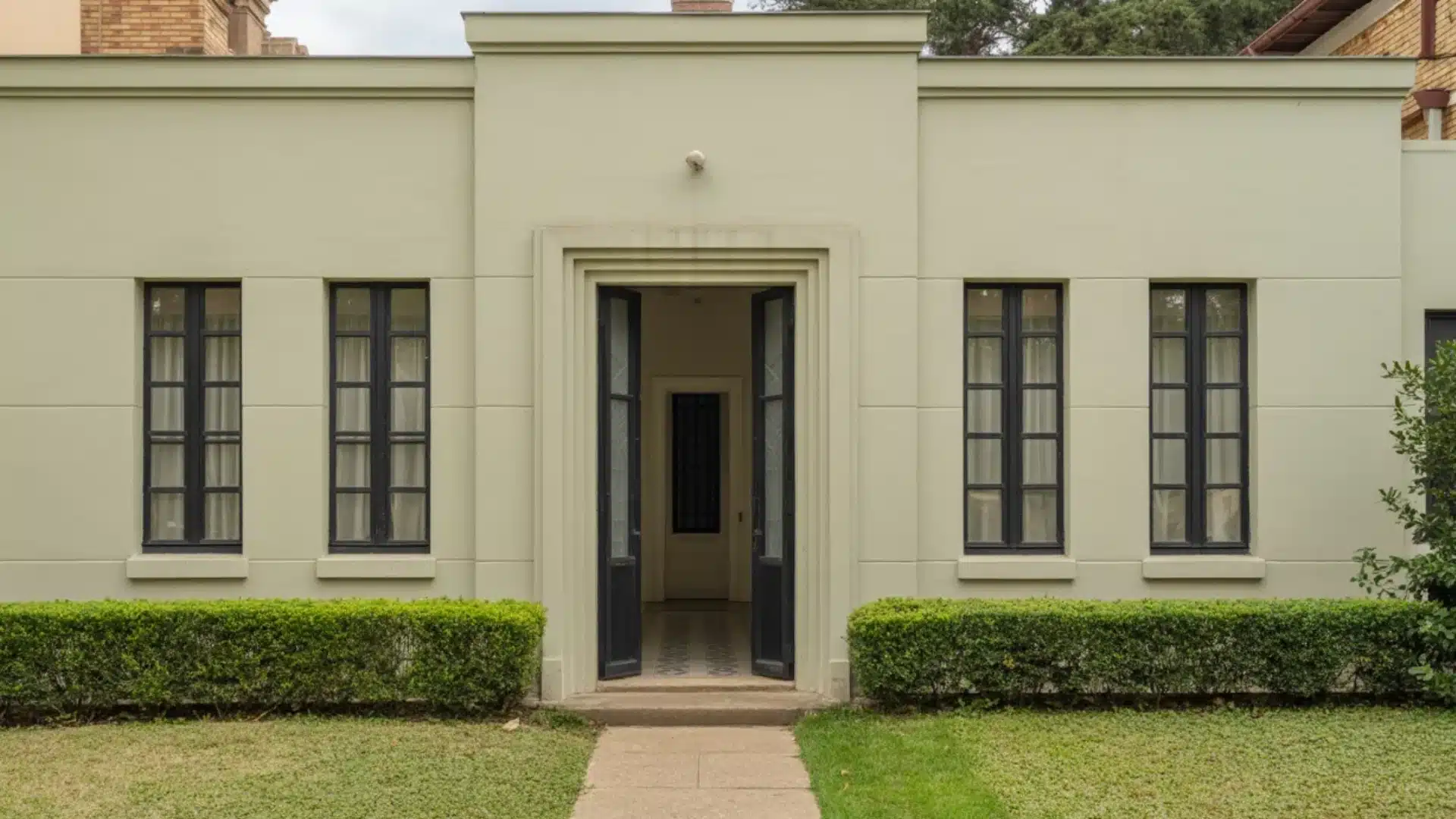 Front of a light green house with tall black windows and open double doors leading inside past low green hedges and grass